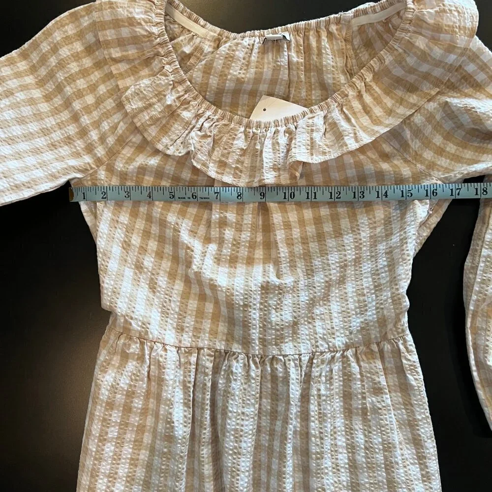 NWT J. Crew Seersucker Ruffleneck tiered mini dress, Sumner, Tan & White, Size 2